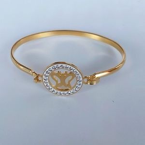 Cuff BRACELET STAINLESS STEEL GOLD COLOR, MIDDLE PIECE GOLD BUTTERFLY / CRYSTALS